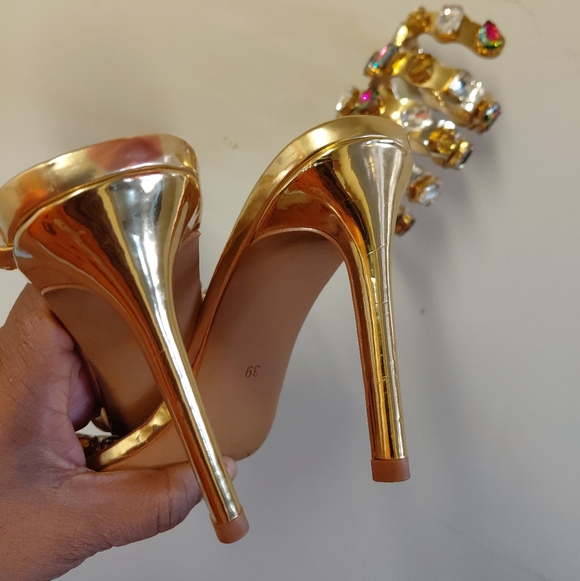 Gold Embellished Rhinestone Gladiator Heeled Sandals Size 8 - Picture 4 of 9